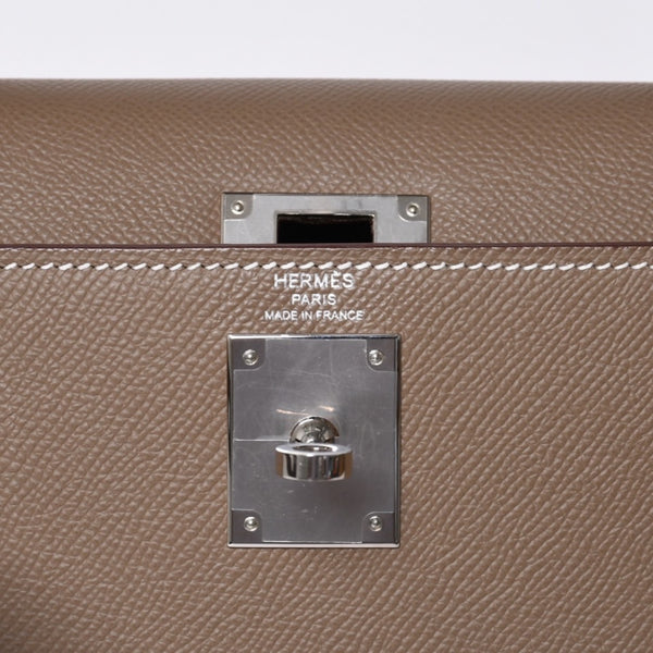新品未使用 HERMES エルメス ケリー28 外縫い エトゥープ B刻印 ヴォーエプソン シルバー金具 ハンドバッグ 中古 4a001067