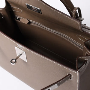 新品未使用 HERMES エルメス ケリー28 外縫い エトゥープ B刻印 ヴォーエプソン シルバー金具 ハンドバッグ 中古 4a001067