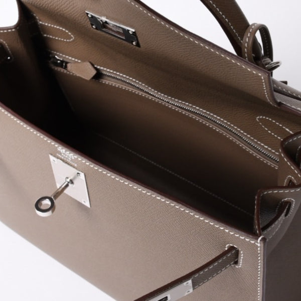 新品未使用 HERMES エルメス ケリー28 外縫い エトゥープ B刻印 ヴォーエプソン シルバー金具 ハンドバッグ 中古 4a001067