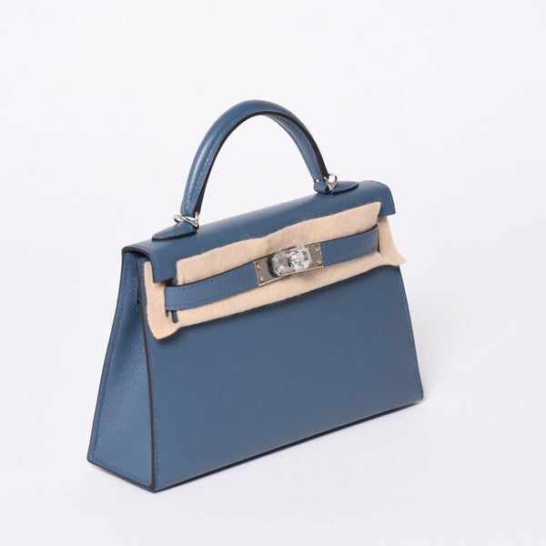 New and unused Hermes G engraved Mini Kelly 2 Blue Tanpet Madame Outer Sewing 2WAY Shoulder Bag Used 4a001396