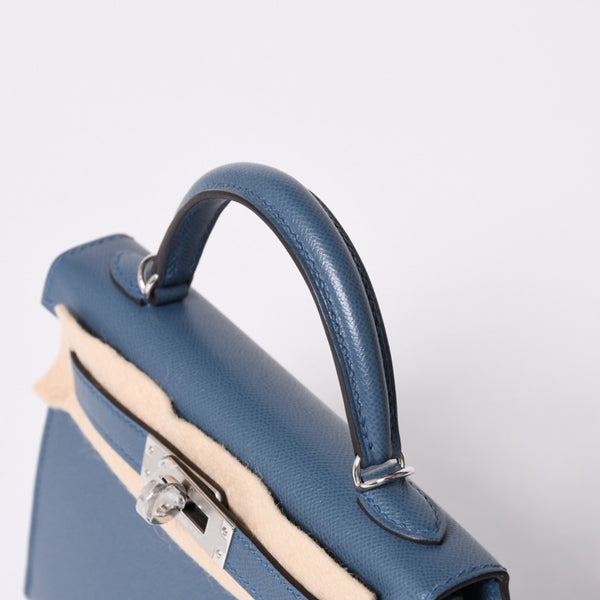 New and unused Hermes G engraved Mini Kelly 2 Blue Tanpet Madame Outer Sewing 2WAY Shoulder Bag Used 4a001396