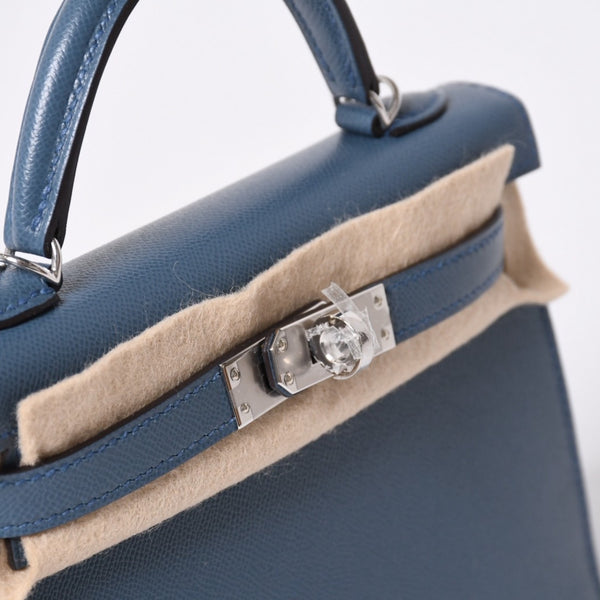 New and unused Hermes G engraved Mini Kelly 2 Blue Tanpet Madame Outer Sewing 2WAY Shoulder Bag Used 4a001396