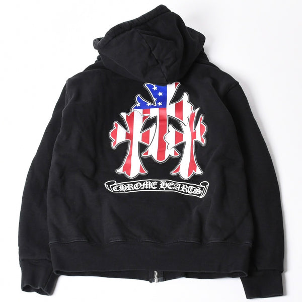CHROME HEARTS Zip Up Hoodie Parka Size M American Flag Triple Cross Thermal Black Good Condition Used 4a000678