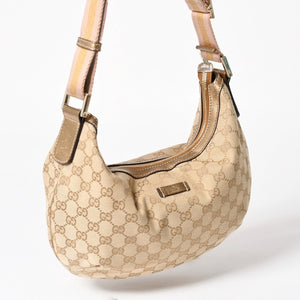 極美品 GUCCI グッチ GGクリスタル ショルダーバッグ GGキャンバス ホーボー 181092 1669 ベージュ ゴールド金具 中古 4a004959