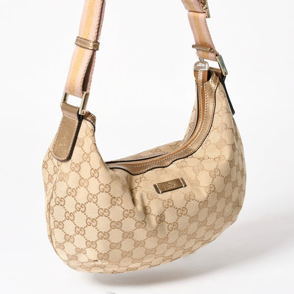 極美品 GUCCI グッチ GGクリスタル ショルダーバッグ GGキャンバス ホーボー 181092 1669 ベージュ ゴールド金具 中古 4a004959