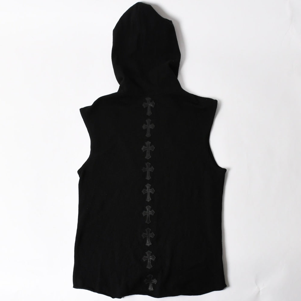 極美品 CHROME HEARTS クロムハーツ バッククロスパッチ カシミヤ フーデッドジップベスト ダガー ブラック Mサイズ シルバー925 中古 4a005603