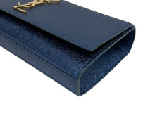 Load image into Gallery viewer, 極美品 SAINT LAURENT サンローラン メタリック ロゴ クラッチバッグ ブルー レザー ゴールド金具 中古 4b011249
