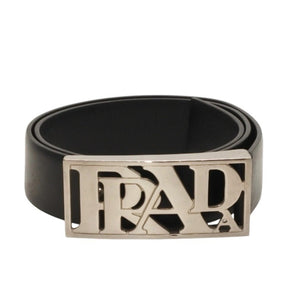 PRADA プラダ ベルト メタルバックル サイズ70/28 レザー ブラック シルバー金具 美品 中古 4b014160