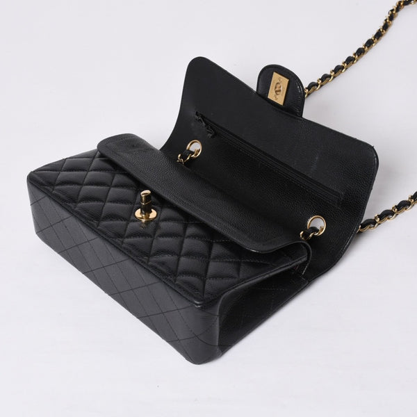 極美品 CHANEL シャネル マトラッセ23 Wフラップ Wチェーンショルダーバッグ ランダム番台 キャビアスキン ブラック 中古 4a000775