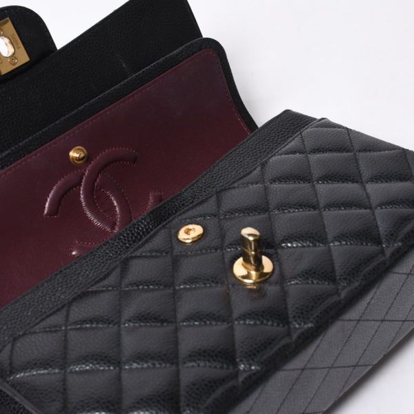 極美品 CHANEL シャネル マトラッセ23 Wフラップ Wチェーンショルダーバッグ ランダム番台 キャビアスキン ブラック 中古 4a000775