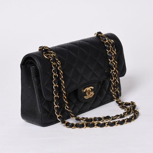 極美品 CHANEL シャネル マトラッセ23 Wフラップ Wチェーンショルダーバッグ ランダム番台 キャビアスキン ブラック 中古 4a000775