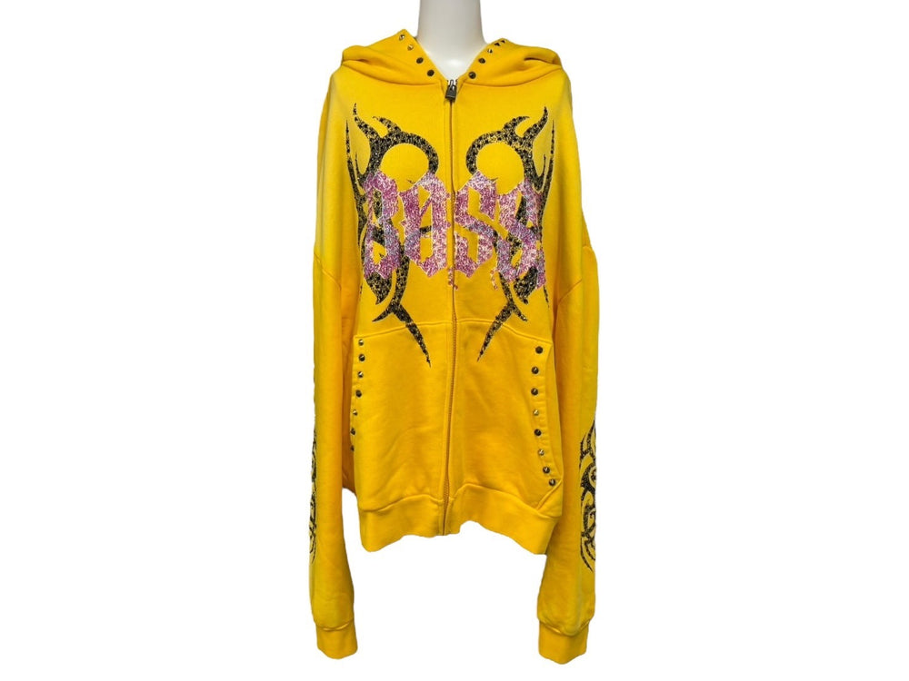 New and unused BOSSI SPORTSWEAR Bossi Sportswear Zip Up Hoodie Size L Rhinestone Studs Yellow Used sssss