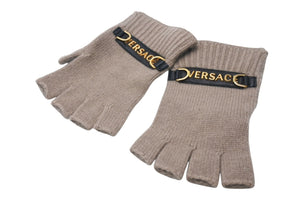 VERSACE ヴェルサーチ 手袋 指ぬきグローブ フィンガーレス手袋 GLOVES ベージュ カシミヤ レザー ゴールド金具 美品 中古 4c070101