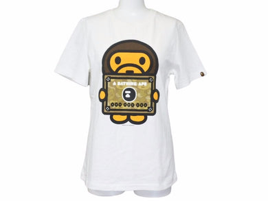 A BATHING APE アベインシングエイプ ゴールドエイプカード プリント Tシャツ ホワイト S レディース 美品 13598正規