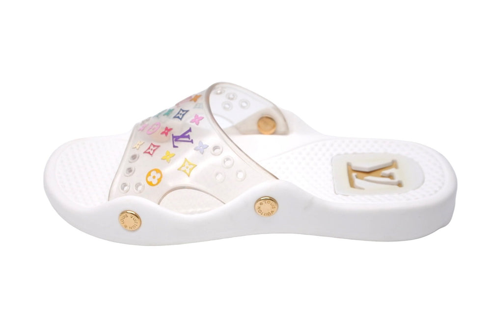 LOUIS VUITTON ルイヴィトン ビーチサンダル ラバー モノグラム マルチカラー ホワイト ゴールド金具 美品 中古 19106