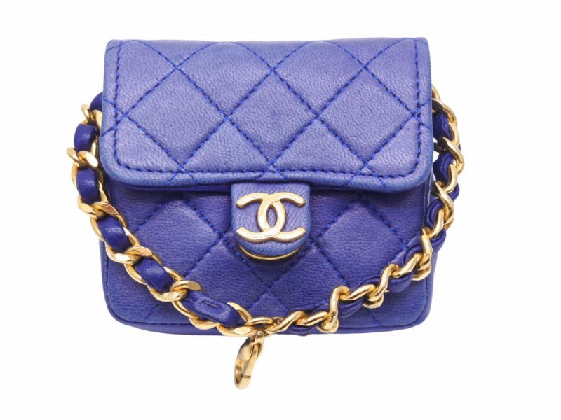 CHANEL Vintage Mini Mini Matelasse Pouch Lambskin Blue Gold Hardware Used N27272