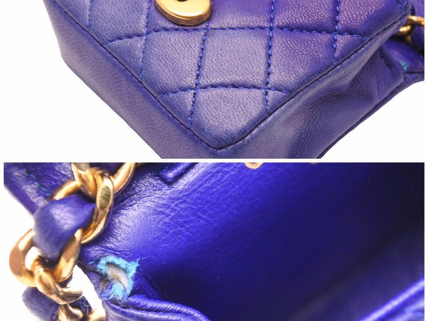 CHANEL シャネル ヴィンテージ ミニミニマトラッセ ポーチ ラムスキン ブルー ゴールド金具 中古 N27272