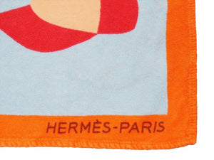 HERMES エルメス マルチモチーフ ビーチタオル バスタオル プリントテリーククロスビーチマット オレンジ 水色 赤 ユニセックス 中古 31139