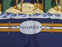 Load image into Gallery viewer, HERMES エルメス カレ90 スカーフ ECURIES 厩舎 シルク 馬柄 TD20276 ネイビー系 箱付き 美品 中古 35042
