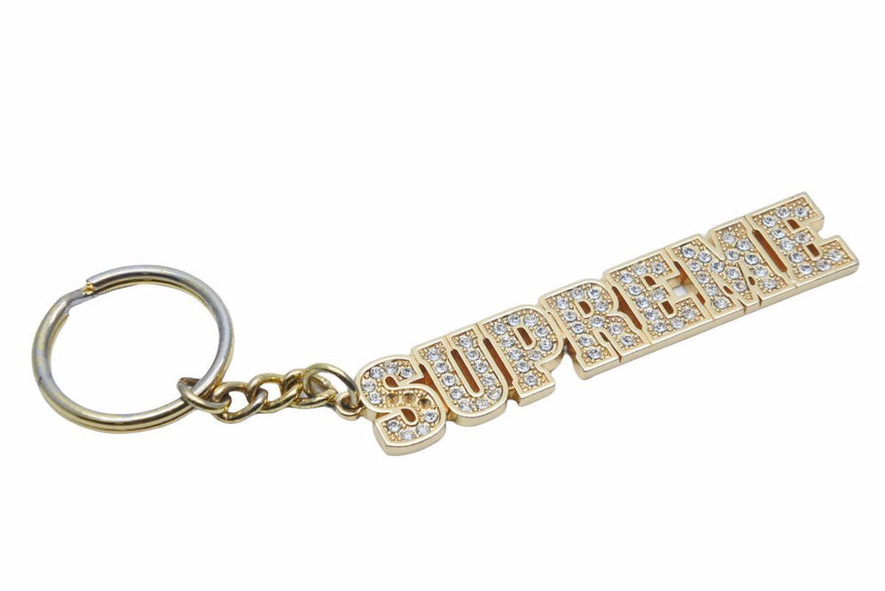 SUPREME 18SS Block Logo Keychain Gold Rhinestone Iced Out Used 3547