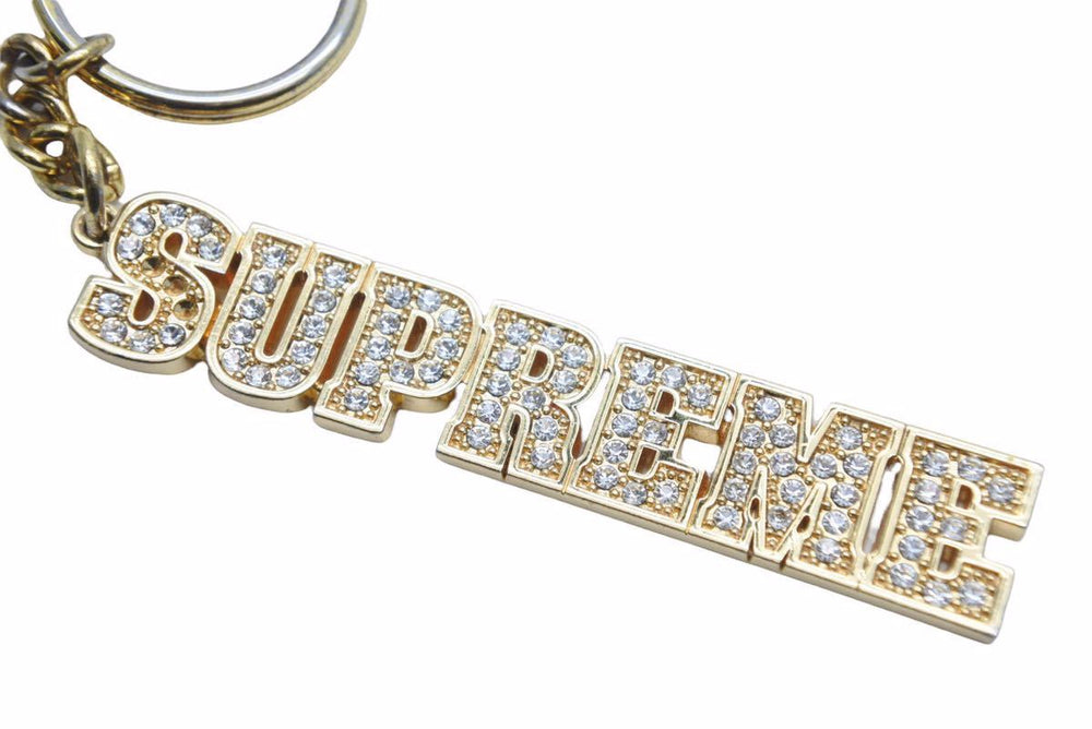 SUPREME 18SS Block Logo Keychain Gold Rhinestone Iced Out Used 3547