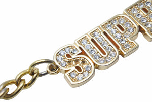 SUPREME 18SS Block Logo Keychain Gold Rhinestone Iced Out Used 3547