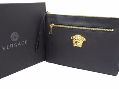 VERSACE ヴェルサーチ レザー クラッチバッグ メデューサ ブラック ゴールド 鞄 ゴールド金具 中古 41006