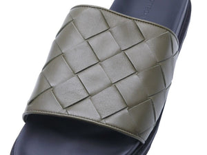 BOTTEGA VENETA ボッテガヴェネタ スライドサンダル イントレチャート レザー カーキ サイズ46 美品 中古 42705