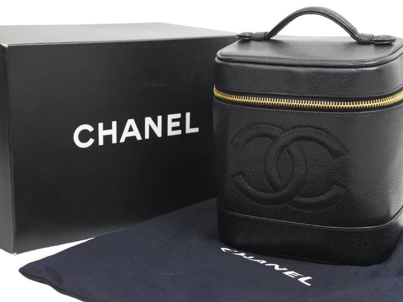 CHANEL シャネル ヴィンテージ バニティバッグ キャビアスキン ココマーク 4番台 ブラック ゴールド金具 美品 中古 43061 –  Casanova Vintage