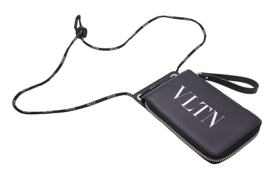 VALENTINO GARAVANI ヴァレンティノ ガラヴァーニ VLTN カーフスキン ネックストラップ付きウォレット ブラック 美品 中古 43233