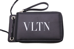 VALENTINO GARAVANI ヴァレンティノ ガラヴァーニ VLTN カーフスキン ネックストラップ付きウォレット ブラック 美品 中古 43233