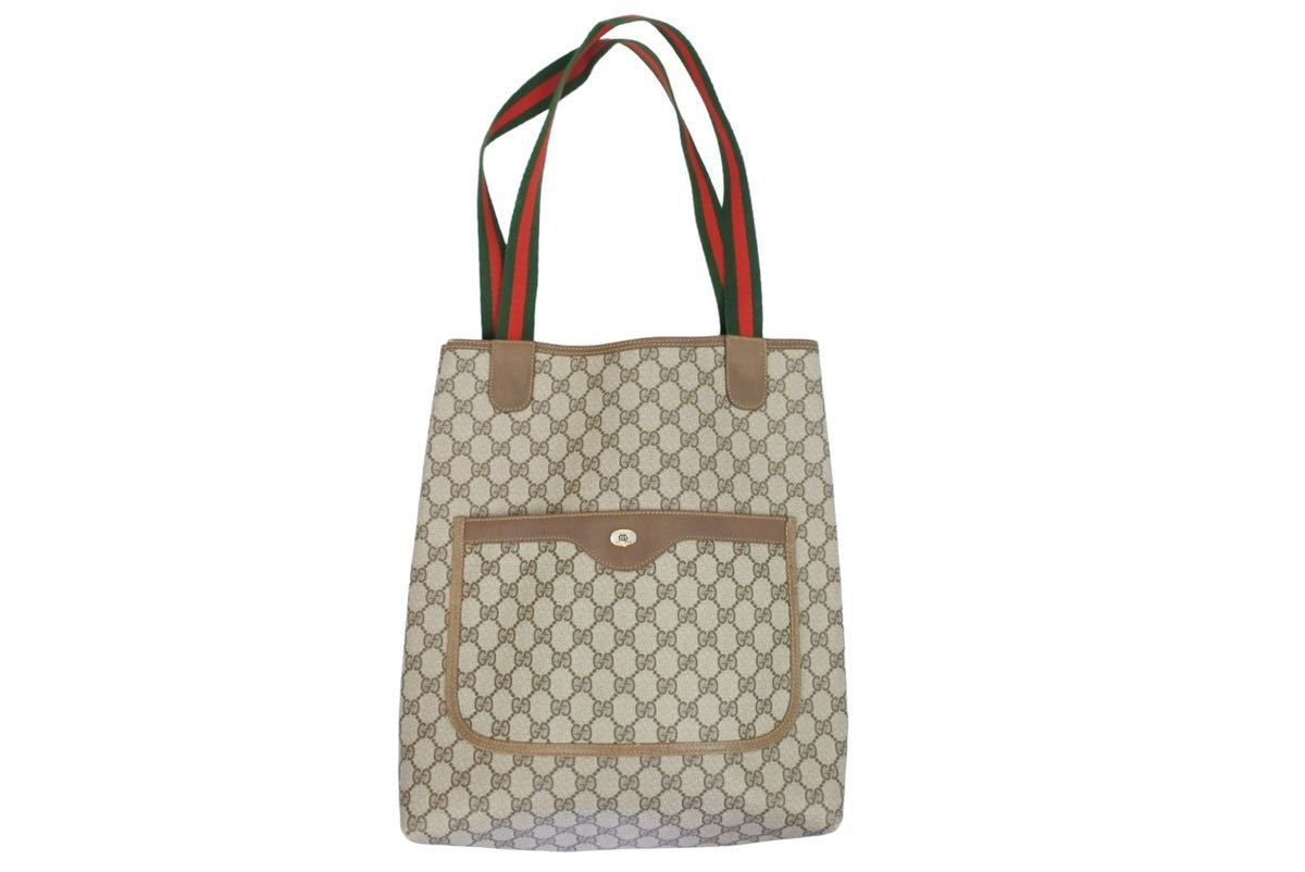 GUCCI グッチ トートバッグ ハンドバッグ GG柄 シェリーライン オールドグッチ ベージュ グリーン レッド 美品 中古 43241 –  Casanova Vintage