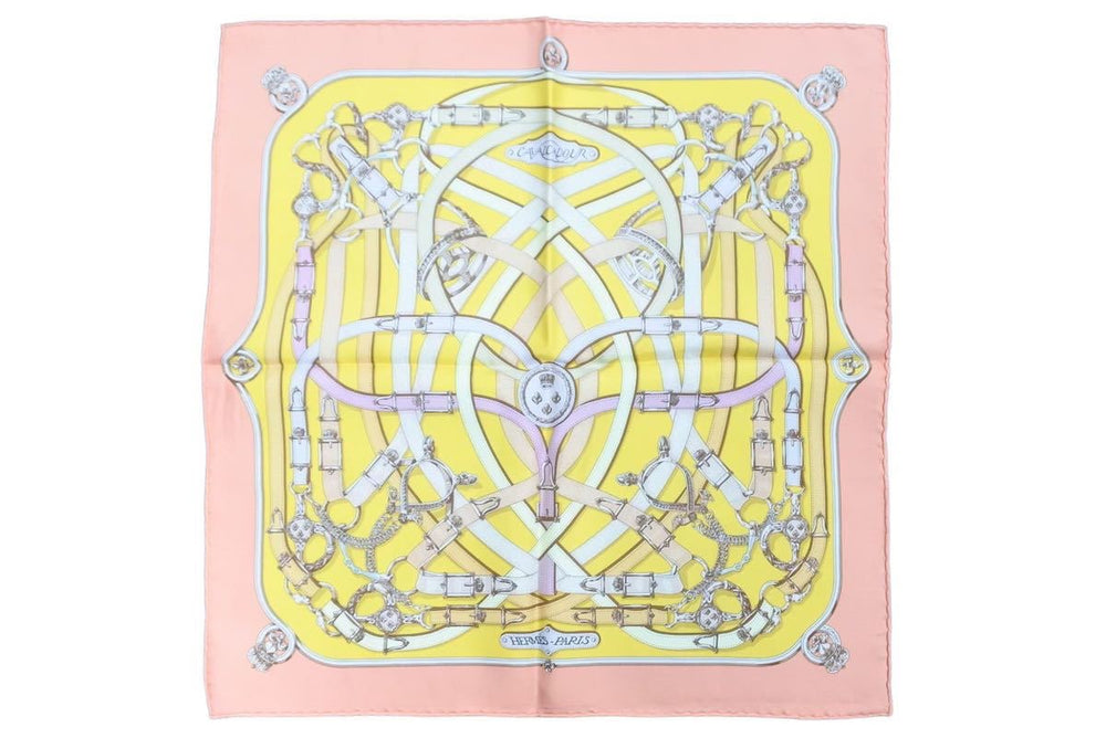 極美品 HERMES エルメス スカーフ ポケット チーフカレ45 カヴァルカドゥール 小物 オレンジ系 シルク 中古 43339
