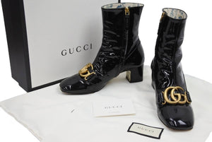 GUCCI グッチ ダブルGパテント アンクル ブーツ ロゴ ブラック エナメル 靴 シューズ 花 柄 524658 サイズ37 1/2 中古 43481