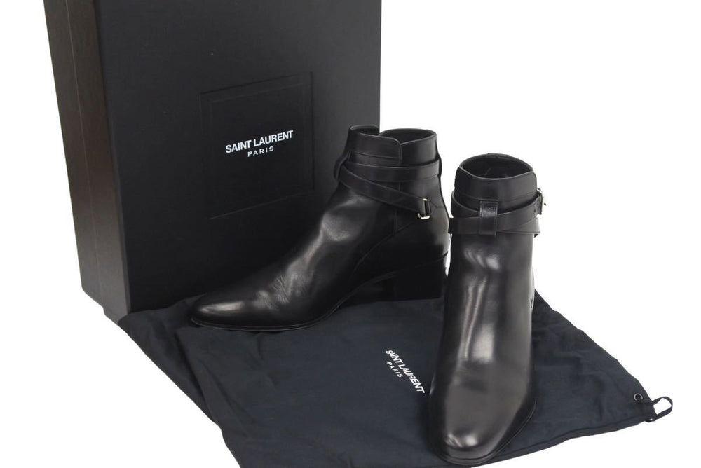 SAINT LAURENT サンローランパリ ブーツ シューズ ローヒール ベルト レザー ブラック シルバー金具 サイズ37 美品 中古 44609