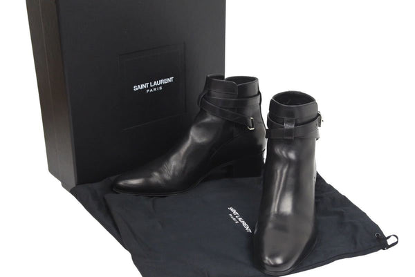 SAINT LAURENT サンローランパリ ブーツ シューズ ローヒール ベルト レザー ブラック シルバー金具 サイズ37 美品 中古 44609