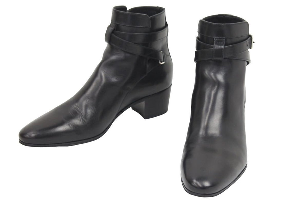 SAINT LAURENT サンローランパリ ブーツ シューズ ローヒール ベルト レザー ブラック シルバー金具 サイズ37 美品 中古 44609