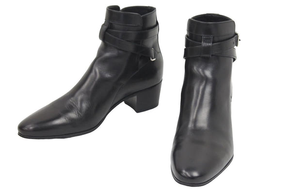 SAINT LAURENT サンローランパリ ブーツ シューズ ローヒール ベルト レザー ブラック シルバー金具 サイズ37 美品 中古 44609