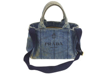 Load image into Gallery viewer, PRADA プラダ CANAPA カナパ 20AW 2WAYバッグ デニムハンドバッグ トートバッグ トライアングルロゴ ブルー ゴールド 中古 44745