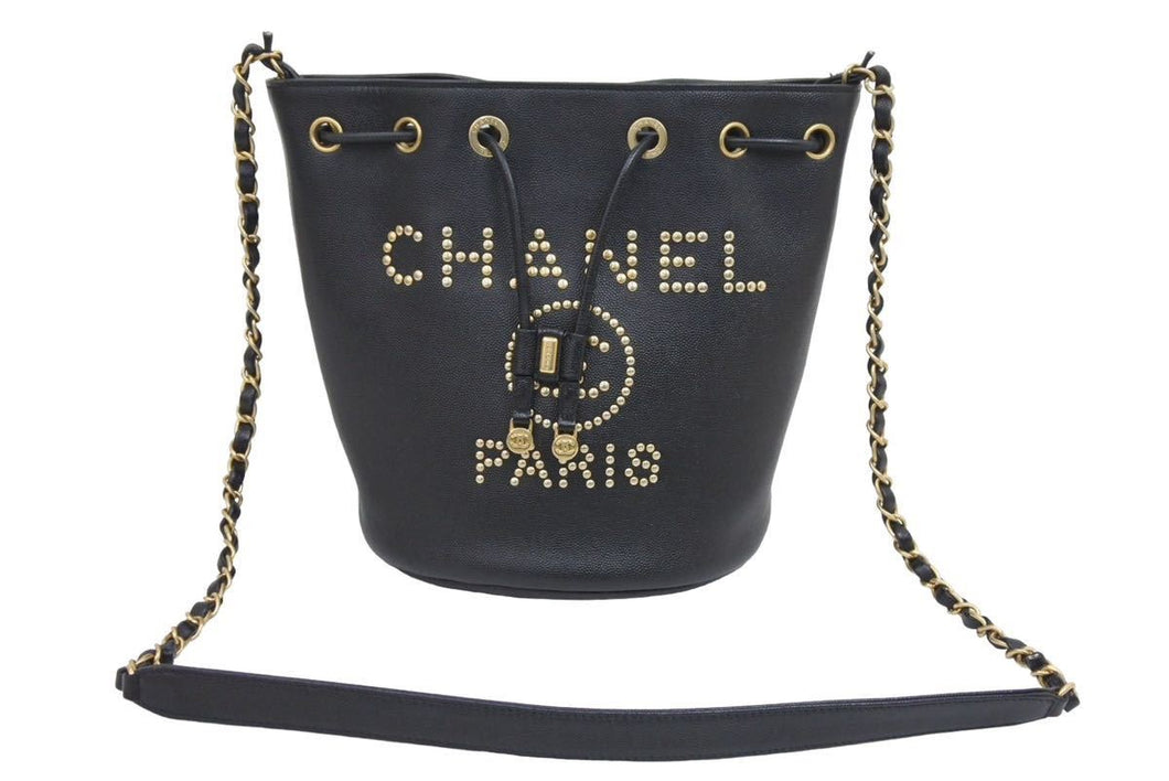 CHANEL シャネル ドーヴィル チェーンショルダーバケツバッグ 28番台 グレインドカーフ ブラック ゴールド金具 美品 中古 45309 –  Casanova Vintage