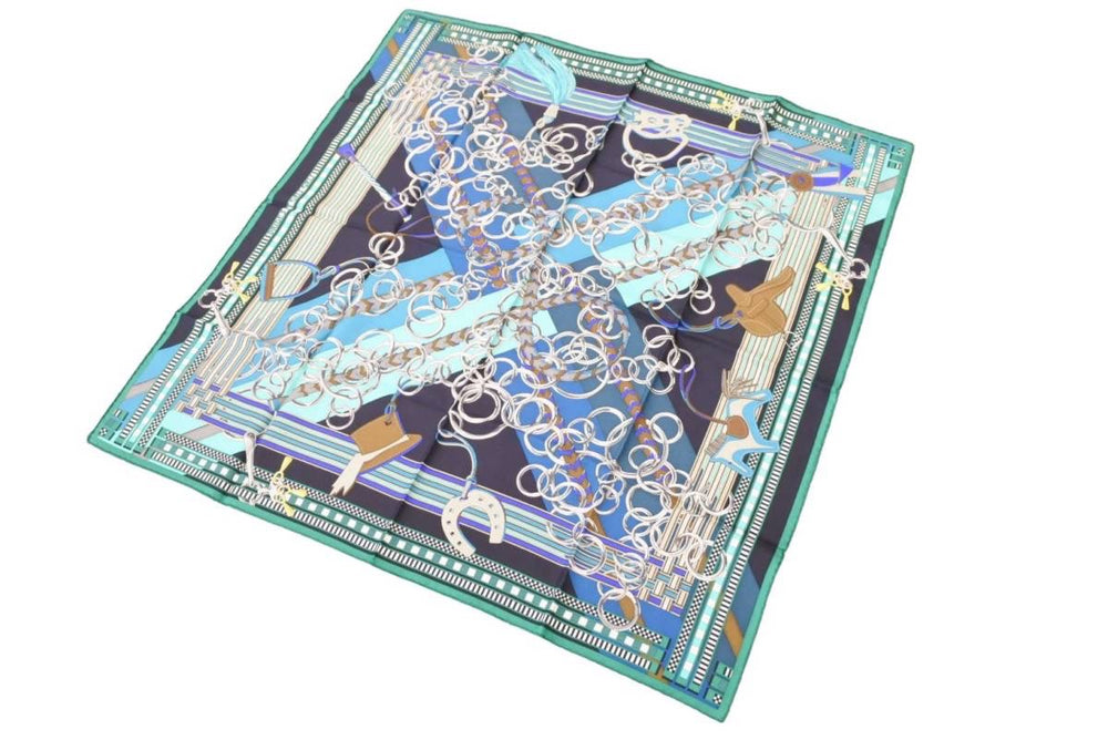 Like new, very rare HERMES Scarf Carre90 Brides et Gris-Gris Bridle and Charm Silk Used 45406