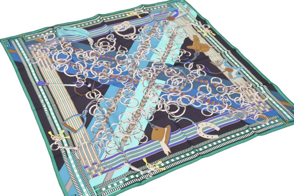 Like new, very rare HERMES Scarf Carre90 Brides et Gris-Gris Bridle and Charm Silk Used 45406
