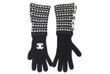 画像をギャラリービューアに読み込む, CHANEL シャネル カシミヤ手袋 グローブ ツイード ココマーク ブラック ホワイト 良品 中古 45573