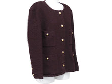 画像をギャラリービューアに読み込む, CHANEL シャネル ツイードノーカラージャケット ボルドーゴールド ココマークボタン 表記なし 美品 中古 45939