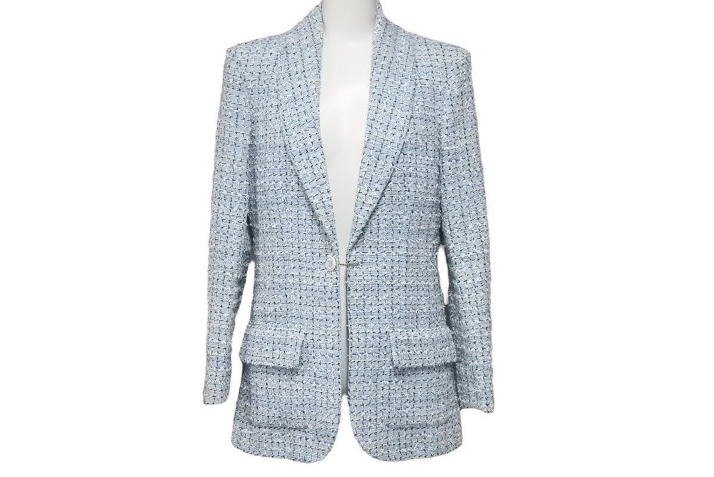Like new CHANEL LA PAUSA Fantasy Tweed Jacket Runway P60346V45916 Light Blue Size 34 Used 47133