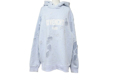 Givenchy ジバンシー デストロイ クラッシュ ロゴ パーカー 水色 ブルー ダメージ トップス BM703A3Y0S サイズM 中古 48177