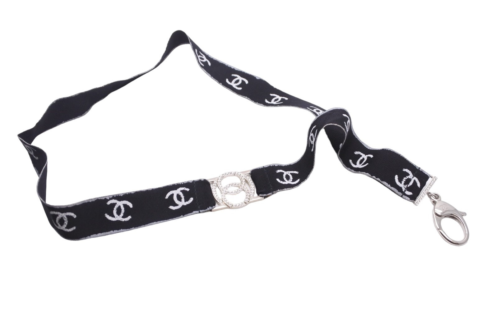 希少 CHANEL シャネル Crystal CC Lanyard Necklace Black Silver