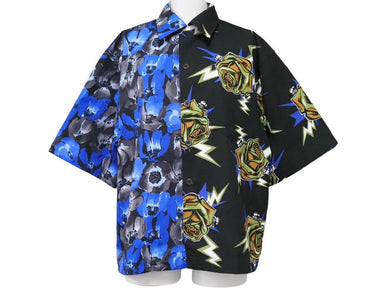 極美品 PRADA プラダ Poplin Dahlia Bowling Shirt ポプリンダリアボーリングシャツ 2019AW ブラック ブルー コットン S 中古 49014