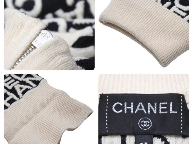 CHANEL シャネル 19AW 総柄 ニット ホワイト ブラック ロゴ