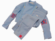 画像をギャラリービューアに読み込む, CHANEL シャネル セットアップ ライダースジャケット パンツ P1942502S コットン ブルー レッド シルバー サイズ36 美品 中古 50066